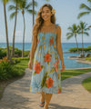 Hibiscus Smocked Tube Top Midi Hawaiian Dress Aqua One Size Fits Most XS-XL