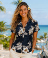 Lanai Fitted Floral Cotton Blouse for Women Navy