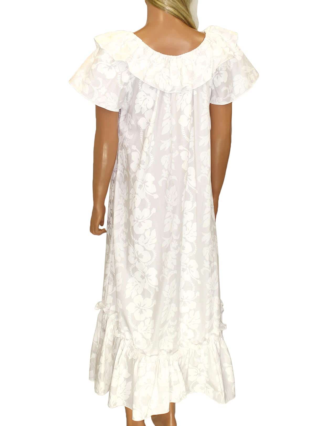 Long Ruffled White Hawaiian Muumuu Dress Aloha Shirts Club