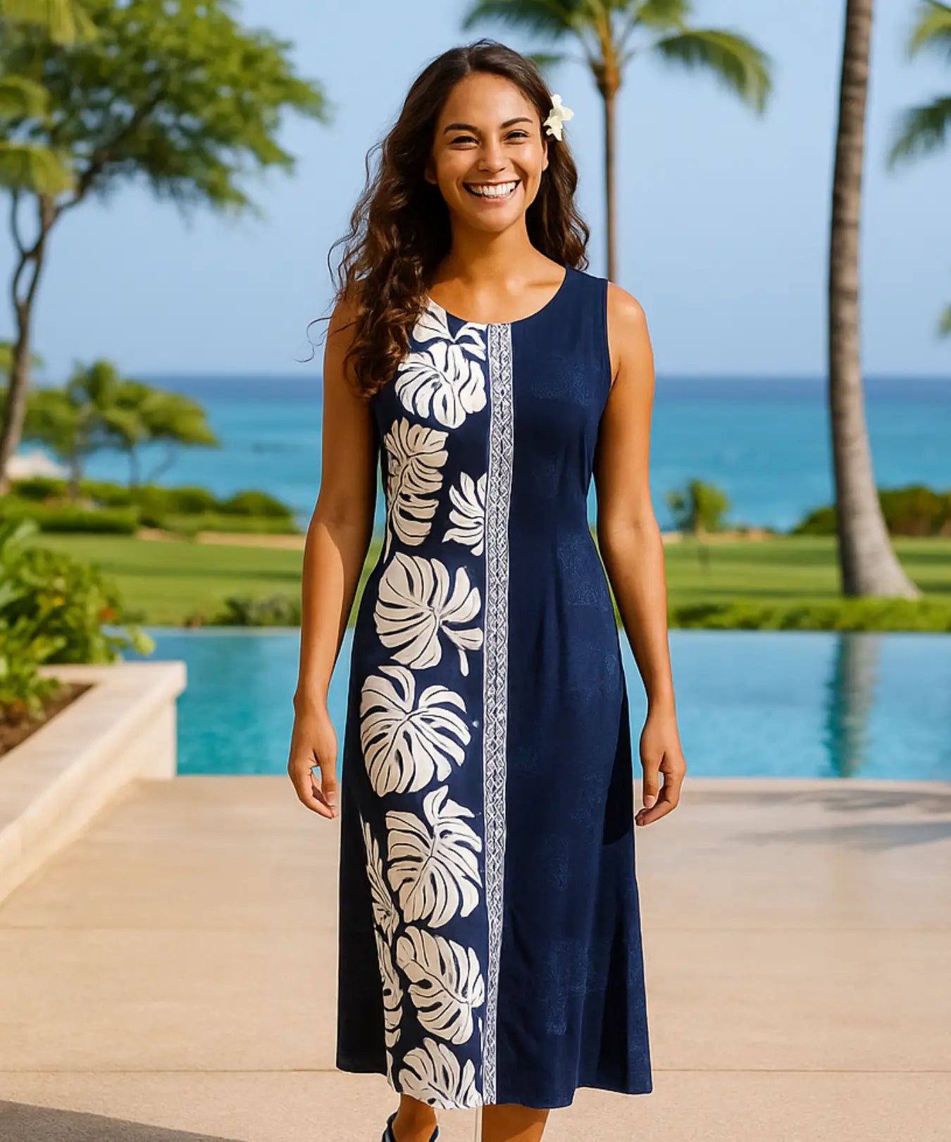 Monstera Sleeveless Long Maxi Dress Navy White