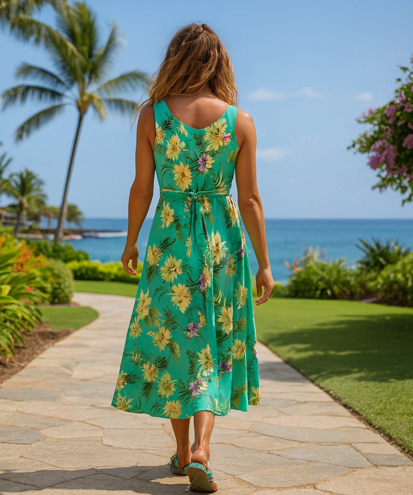 Ceres Tank Tie-Back Long Hawaiian Dress | Aloha Shirts Club