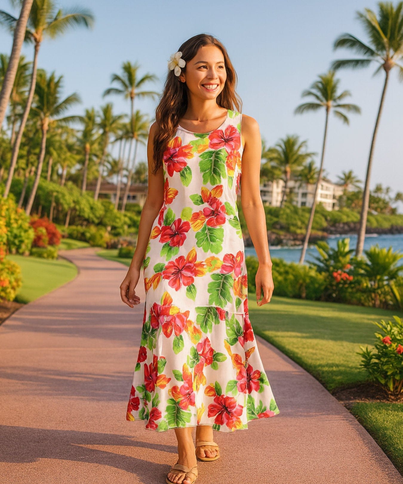 aloha print maxi dress Alio Hibiscus Long Maxi Hawaiian Dress