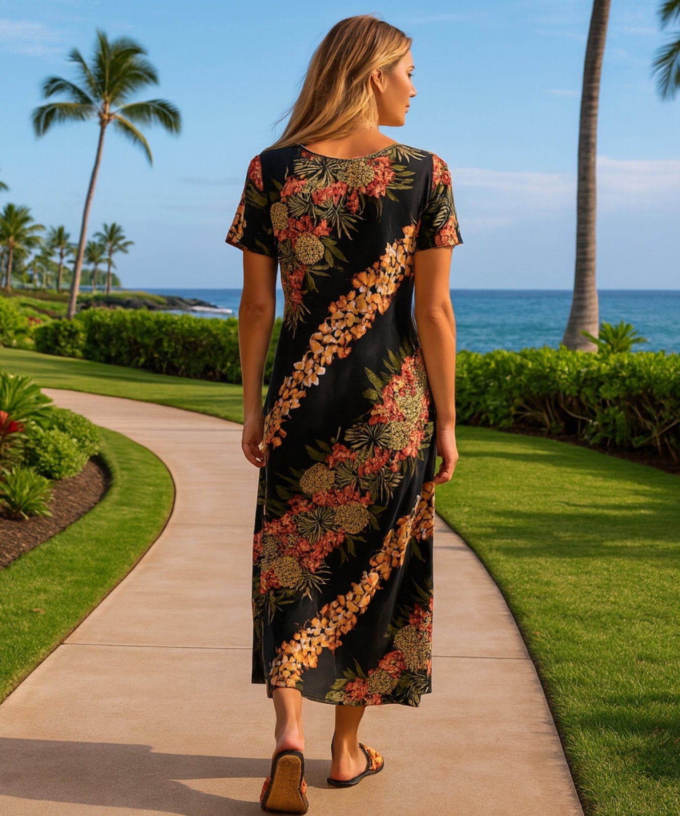 Kahili Panel Long Maxi Dress with Sleeves | Aloha Shirts Club Black / 2XL Kahili Panel Long Maxi Dress with Sleeves | Aloha Shirts Club Black / 2XL
