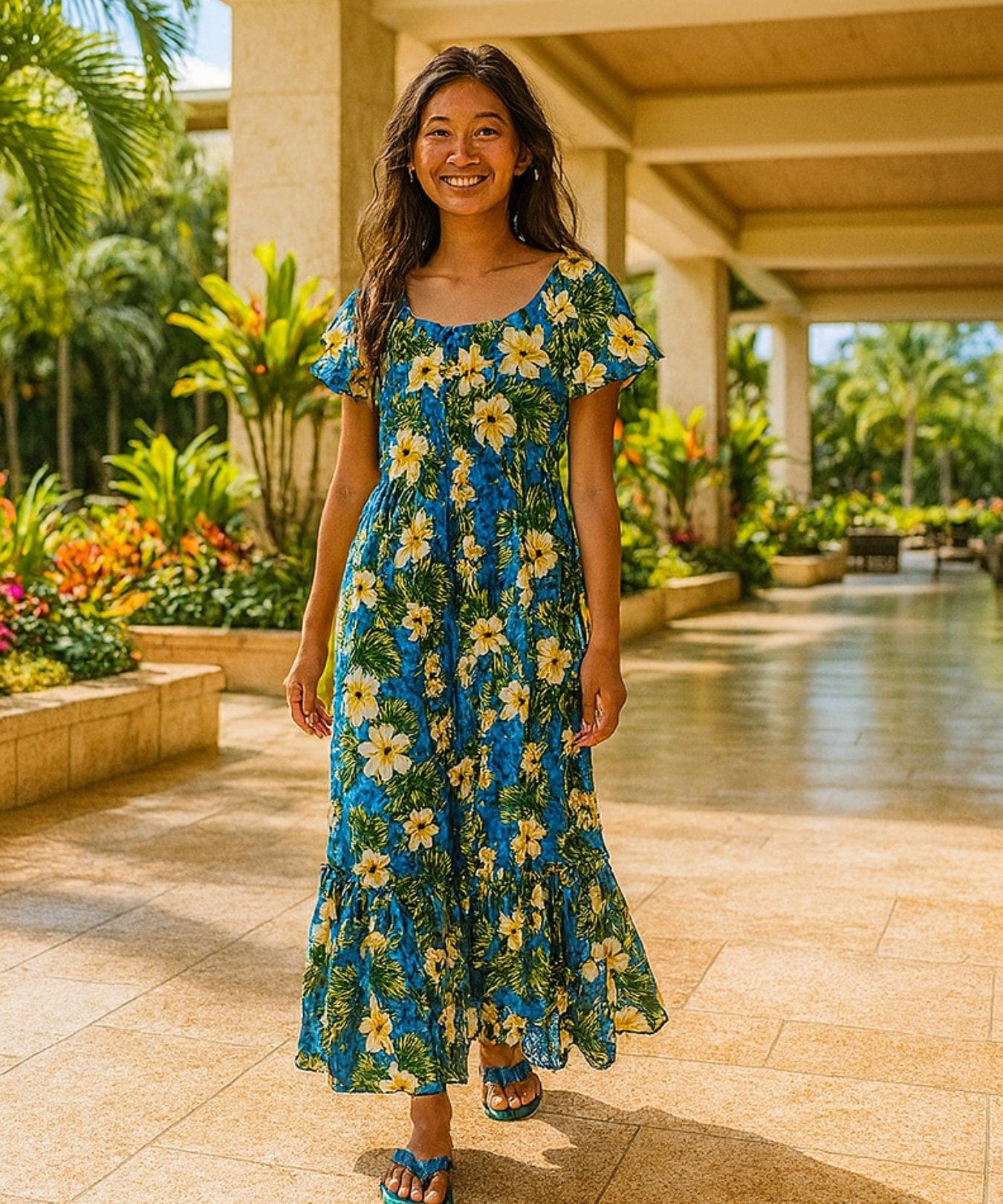 Kalea Hibiscus Long Muumuu Hawaiian Dress