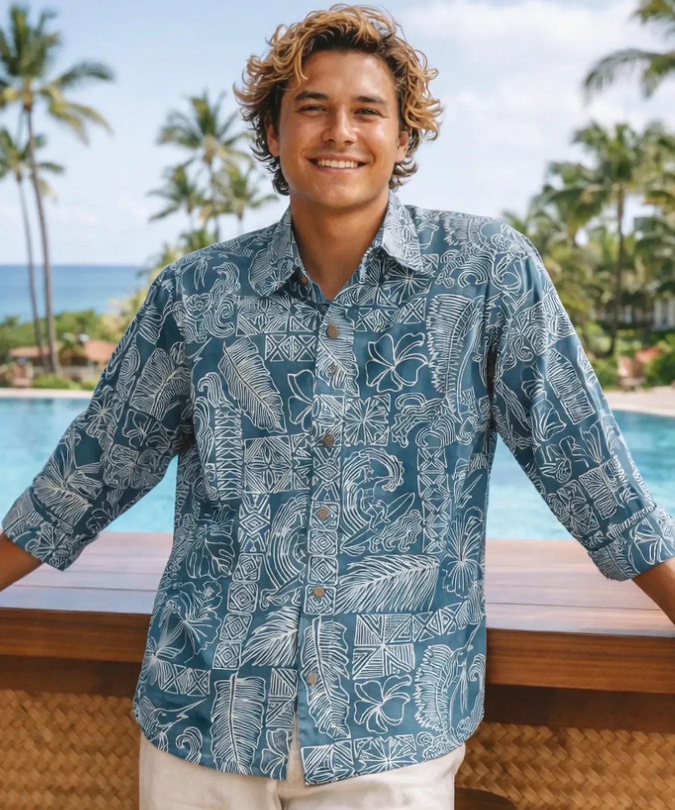 Surfer Tapa Long Sleeves Kauai Aloha Shirt Slate / XL
