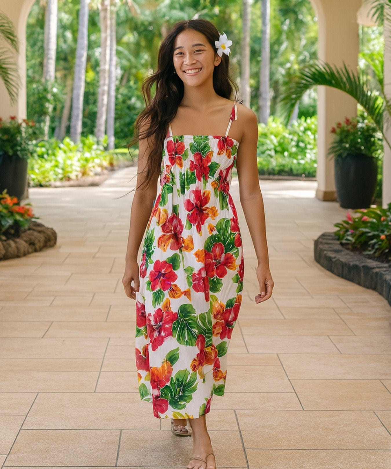 Hibiscus Tube Top Long Hawaiian Smock Dress White One Size Fits Most XS-XL