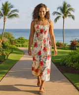 Hibiscus Ula Ula Long Maxi Smock Dress Cream One Size Fits Most XS-XL