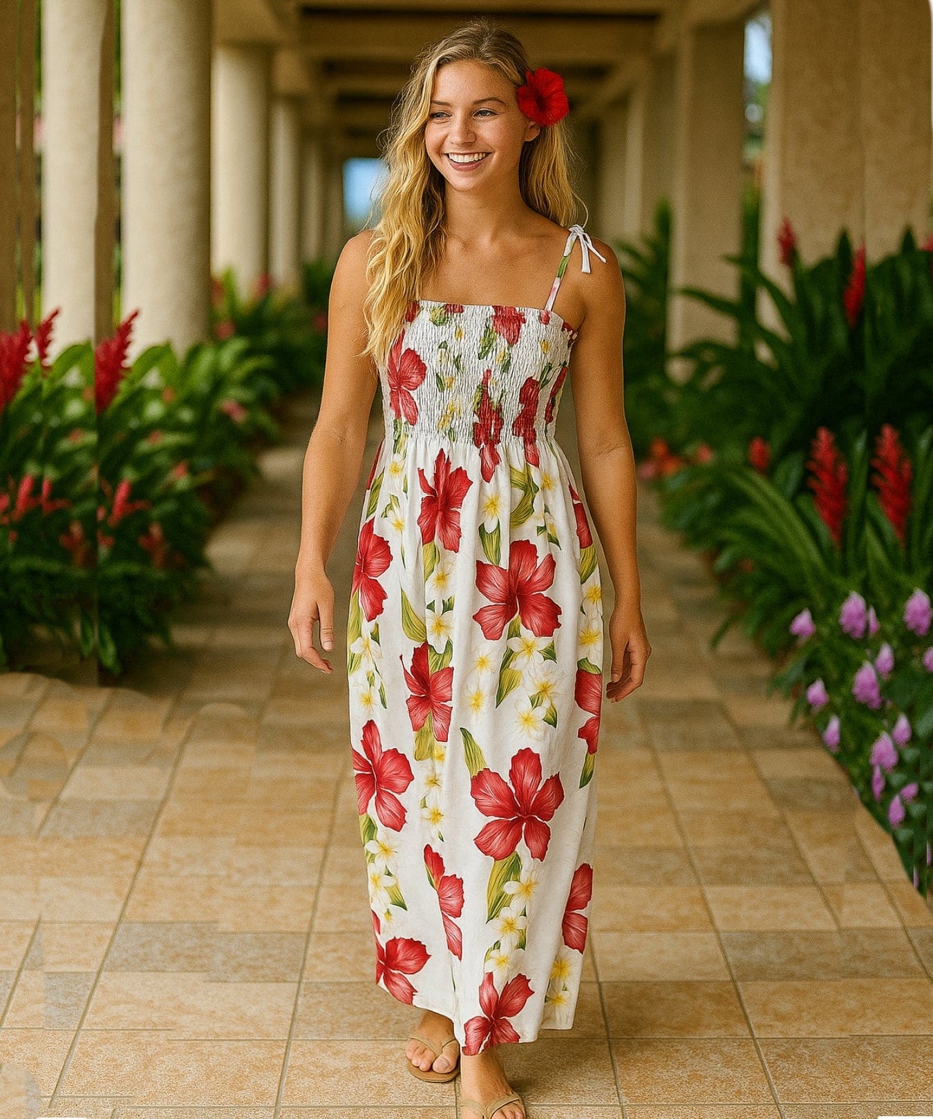 Plumeria Smock Maxi Long Hawaiian Dress White One Size Fits Most XS-XL
