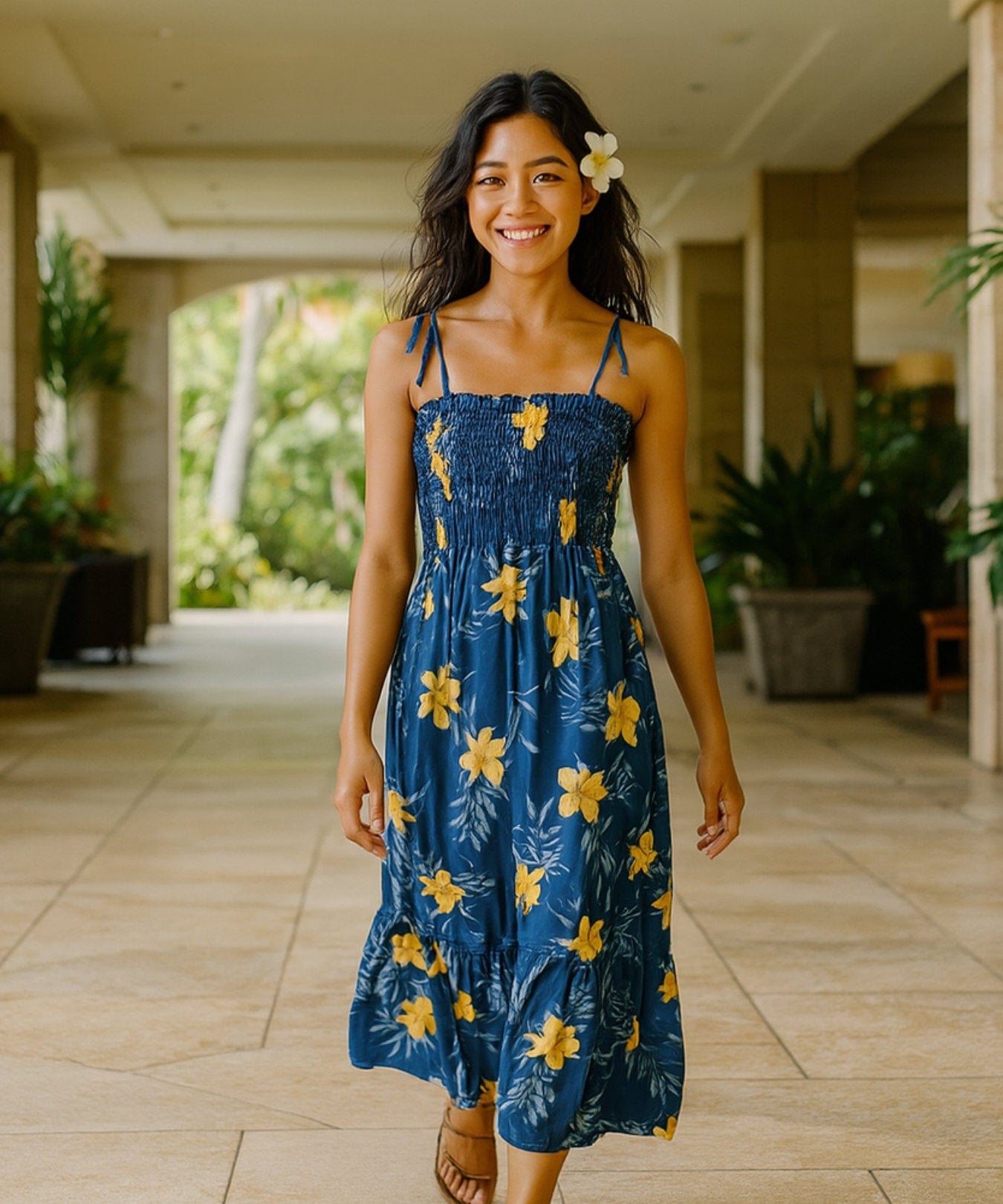 Keilani Long Maxi Smock Hawaiian Dress Ocean Blue One Size Fits Most XS-XL
