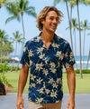 Rayon Magnum PI Star Orchid Black Aloha Shirt Royal Navy