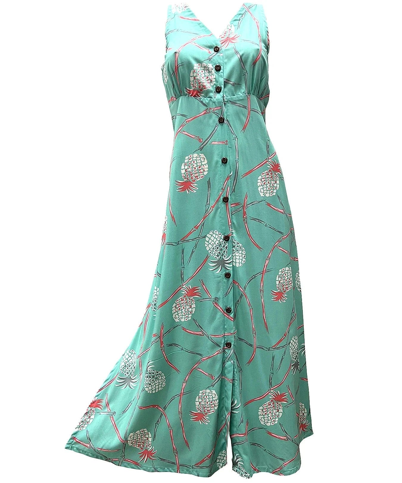 Bamboo Pineapple Long Maxi Hawaiian Dress Coral / 2XL Bamboo Pineapple Long Maxi Hawaiian Dress Coral / 2XL