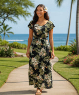 Orchids Full Length Dress Cap Sleeves Black