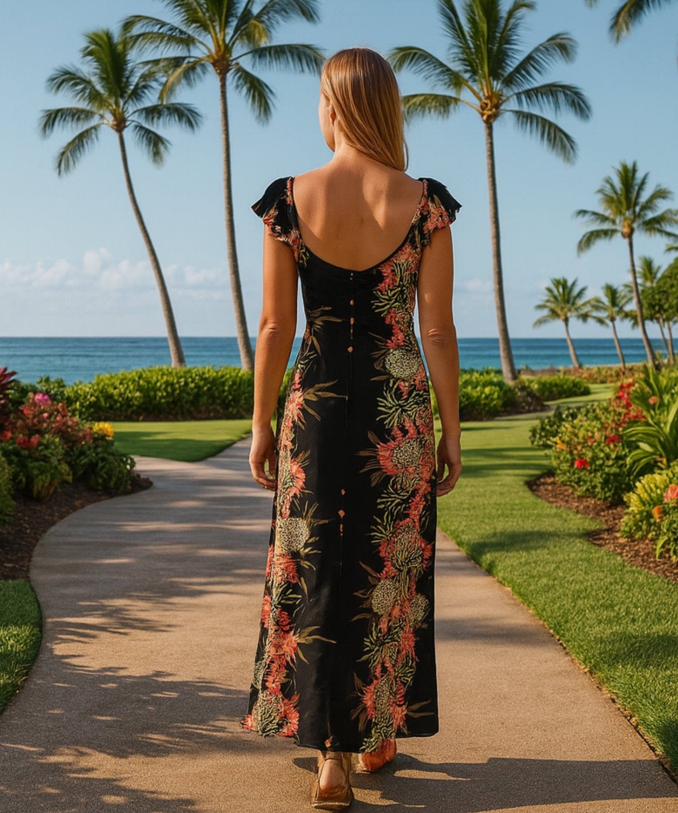 Kua Flutter Sleeve Long Maxi Empire Dress