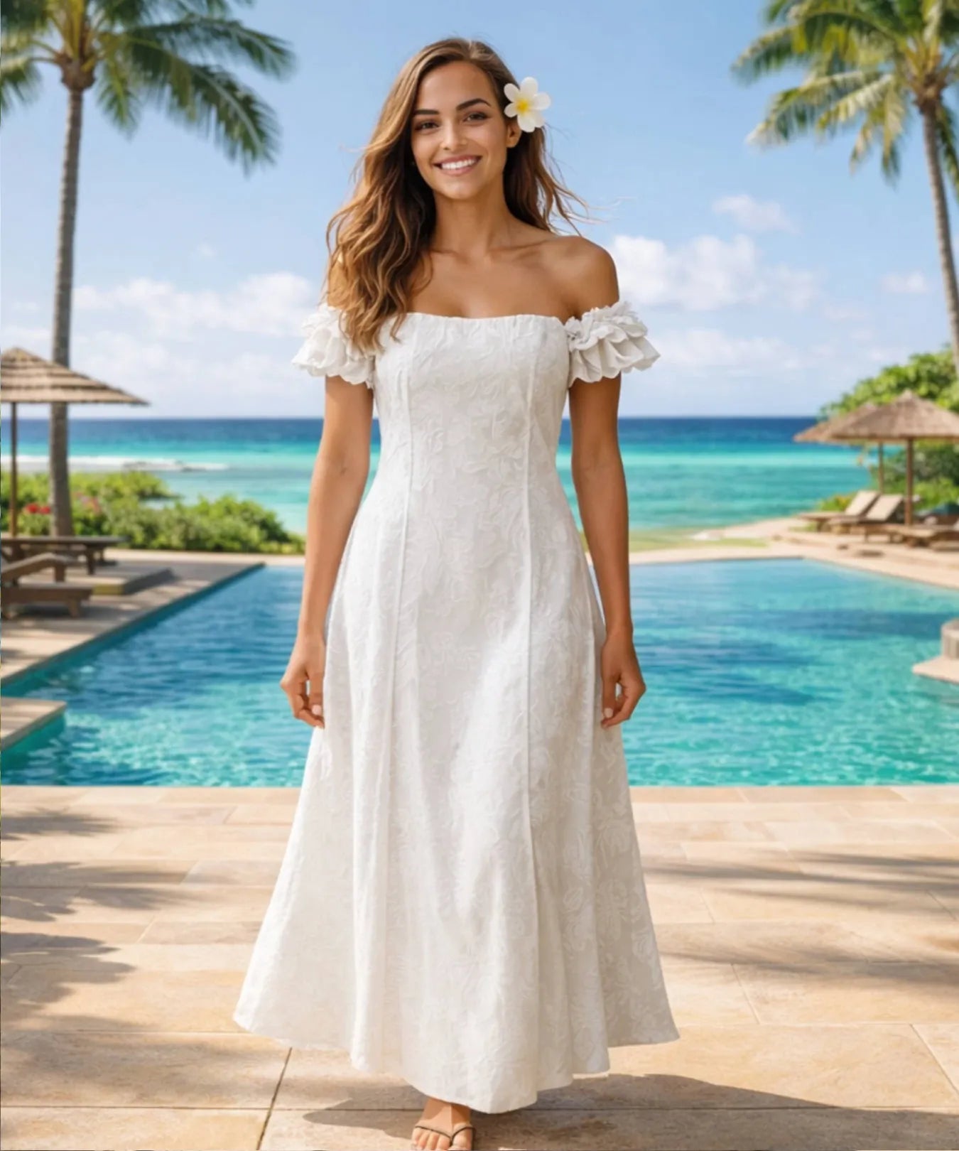 Honolulu White Ruffle Hawaiian Dress | Aloha Shirts Club White / M Honolulu White Ruffle Hawaiian Dress | Aloha Shirts Club White / M