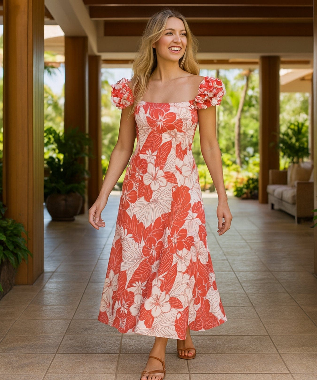 Lanai Adventure Long Ruffle Muumuu Dress | Aloha Shirts Club