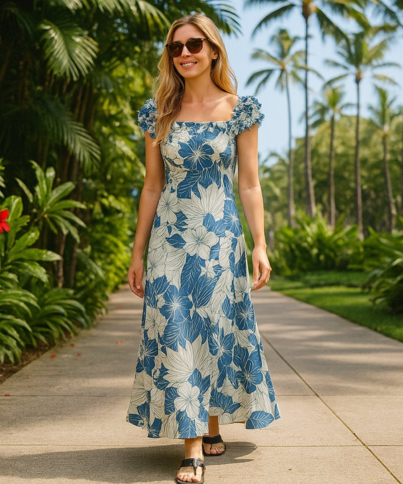 Lanai Adventure Long Ruffle Muumuu Dress | Aloha Shirts Club