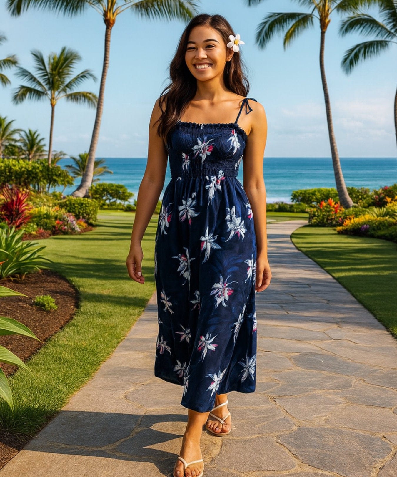 Orchid Smock Top Maxi Hawaiian Dress Black One Size Fits Most XS-XL