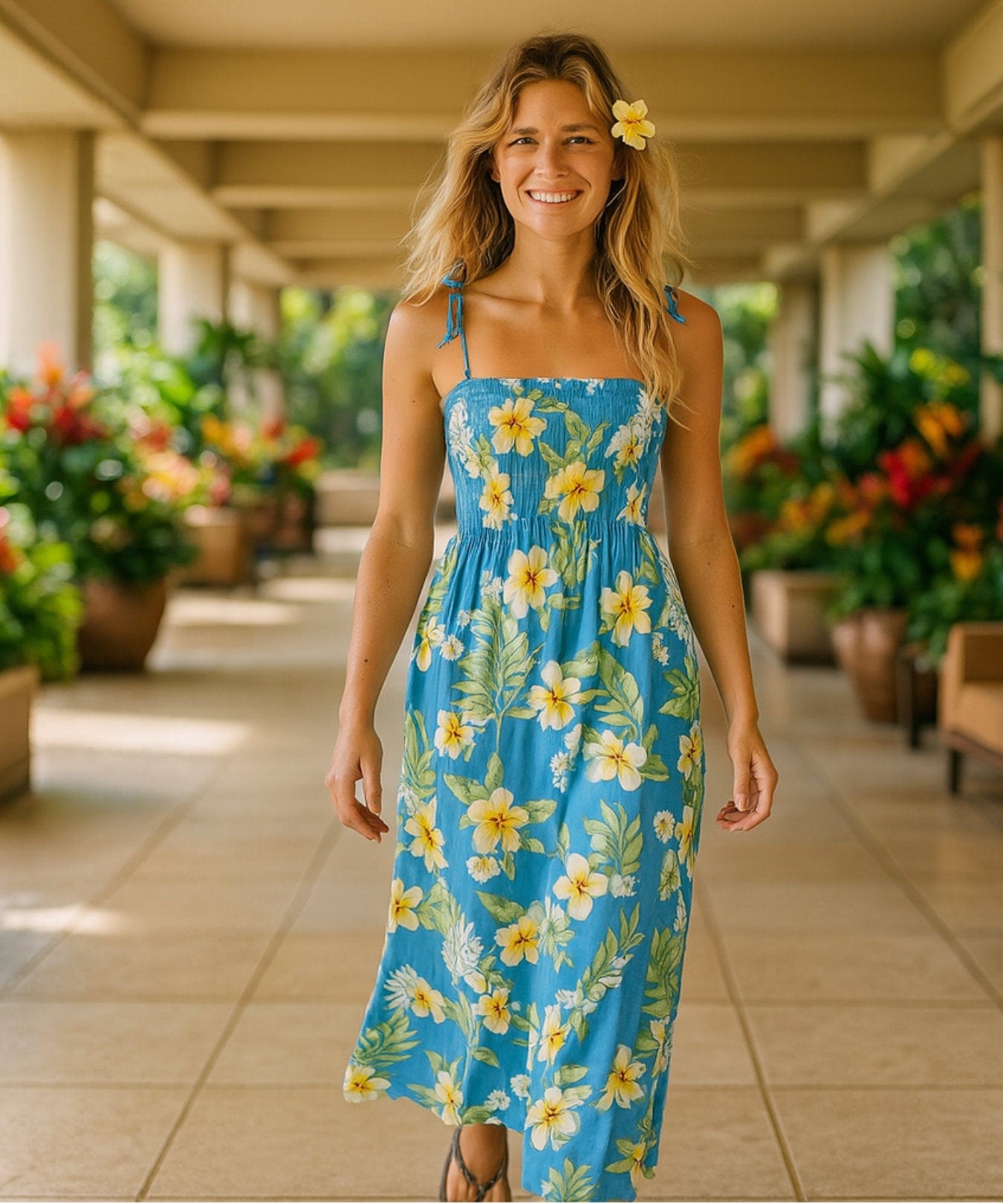Tuberose Maxi Smock Top Hawaiian Dress Ocean Blue One Size Fits Most XS-XL
