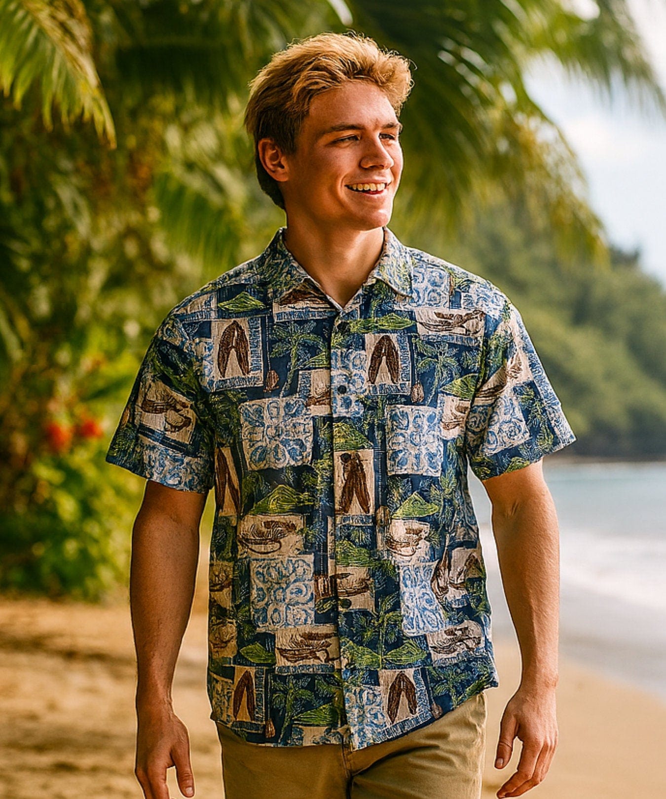 Duke's Button-Up Dress Hawaiian Aloha Shirt Navy