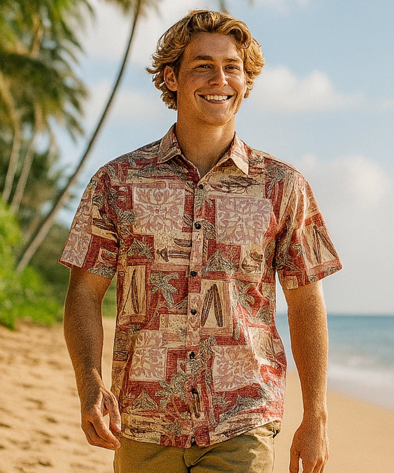 Duke's Button-Up Dress Hawaiian Aloha Shirt Red