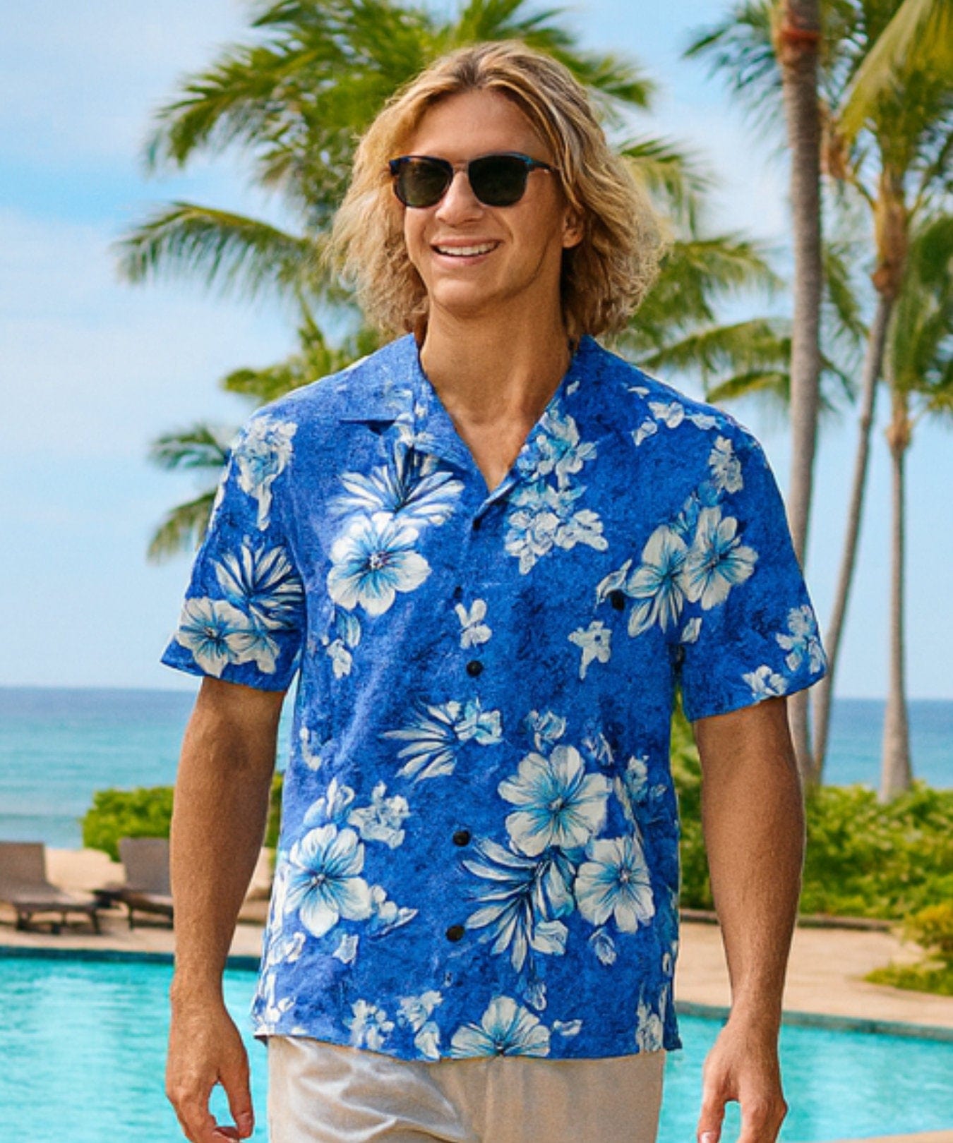 Kipahulu Hibiscus Men Hawaiian Aloha Shirt Blue