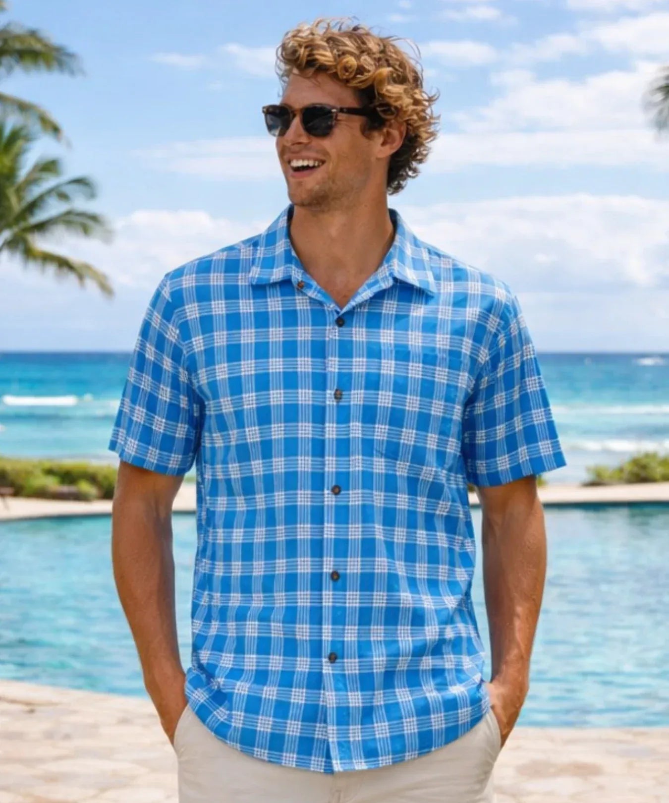 Light Blue Paniolo Palaka Aloha Shirt Light Blue