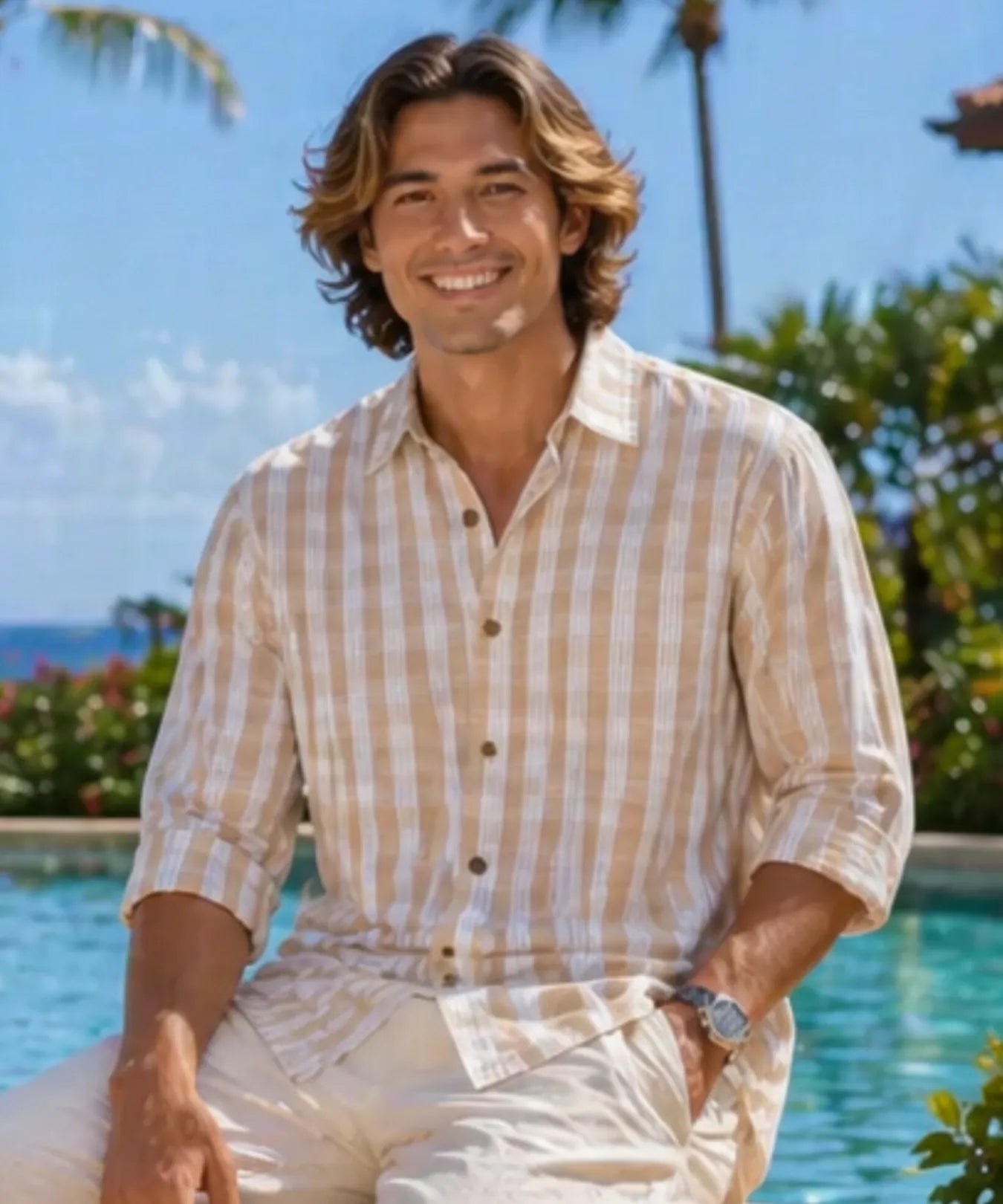 Classic Men's 3/4 Sleeves Khaki Palaka Aloha Shirt Khaki