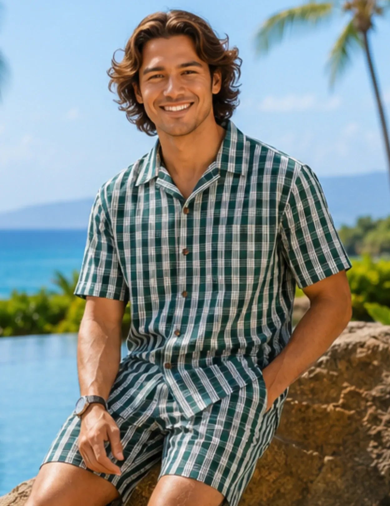 Men's Cotton Green Palaka Hawaiian Cabana Set Green