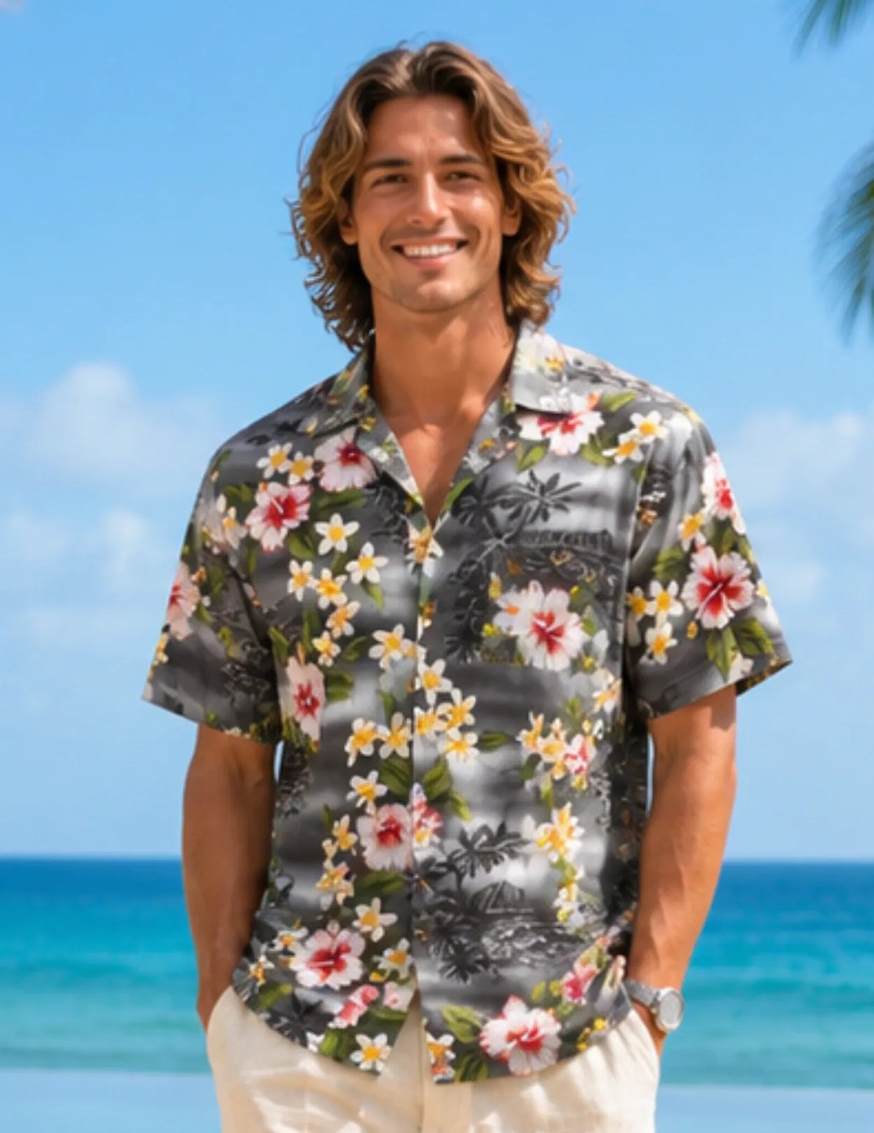 Floral Tropical Short Sleeves Men's Aloha Shirt Charcoal