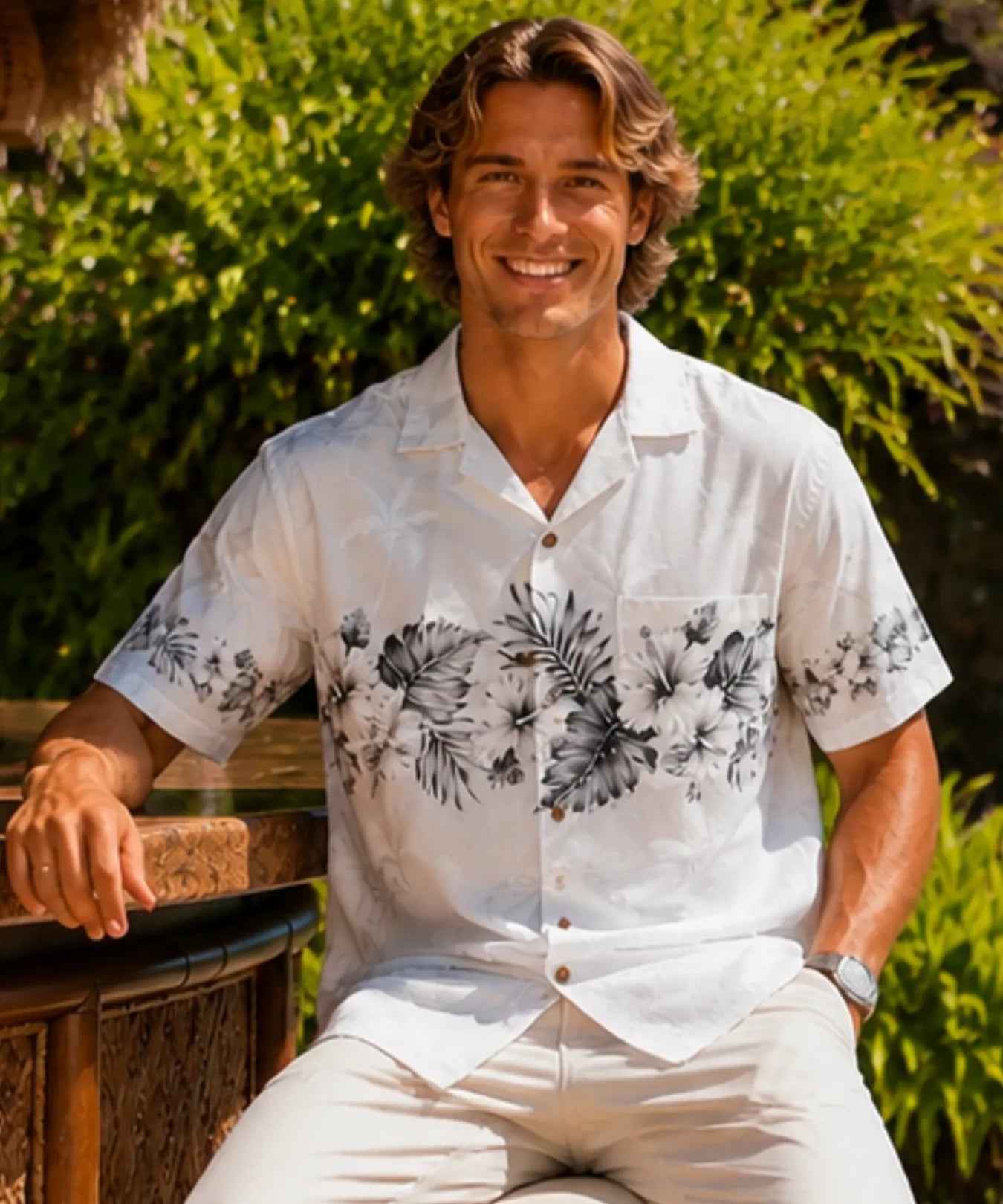 Ohua Aloha Men's Border Hawaiian Shirt White-Gray