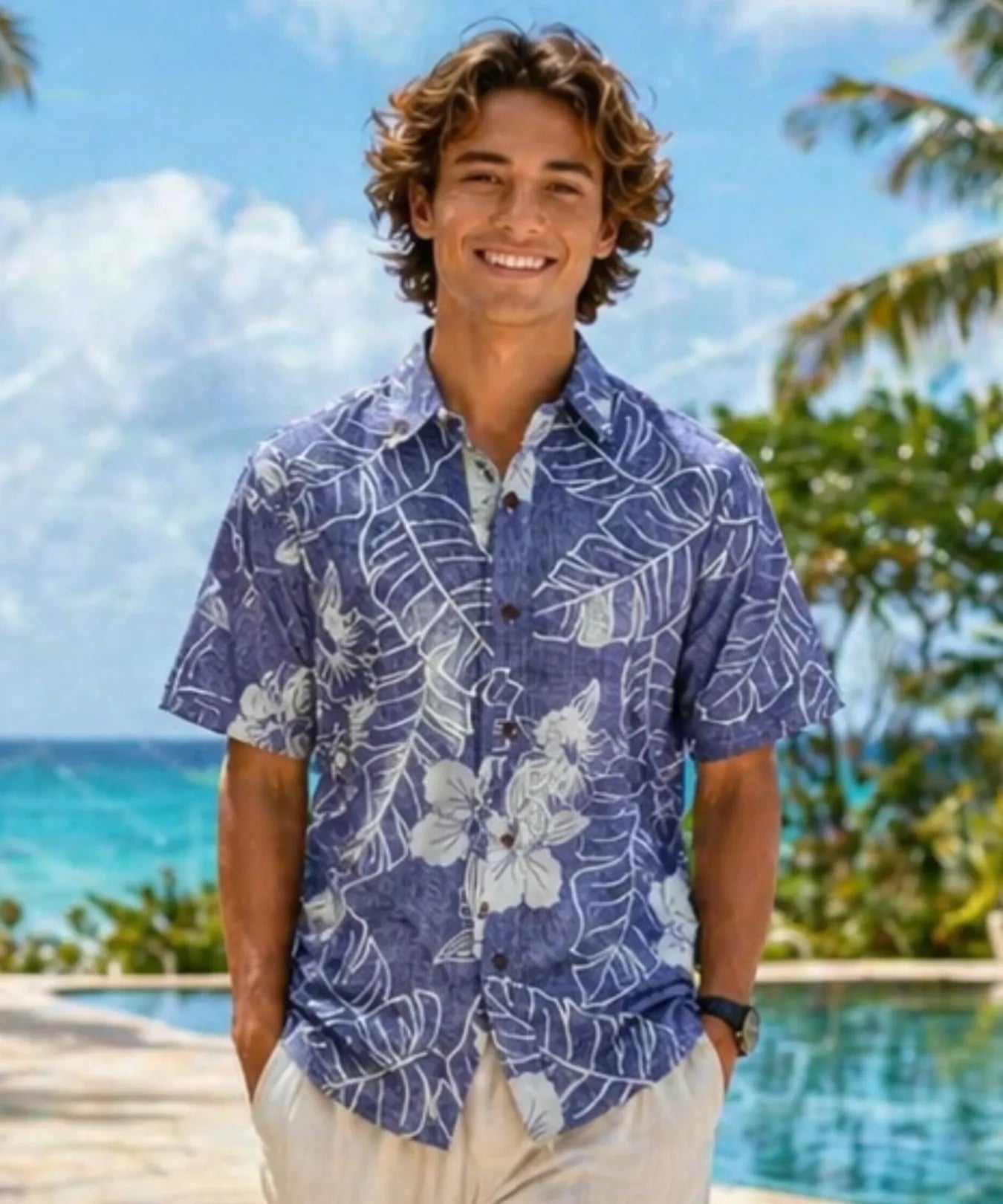 Niihau Cotton Short Sleeves Button Up Reverse Print Shirt Navy