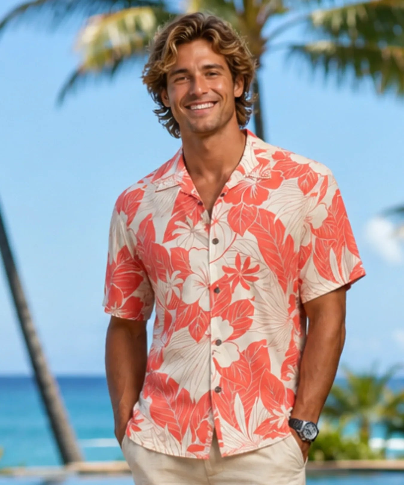 Lanai Adventure Cotton Cool Hawaiian Shirt Coral
