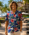 Men Hawaiian Cotton Hibiscus Shirt Navy
