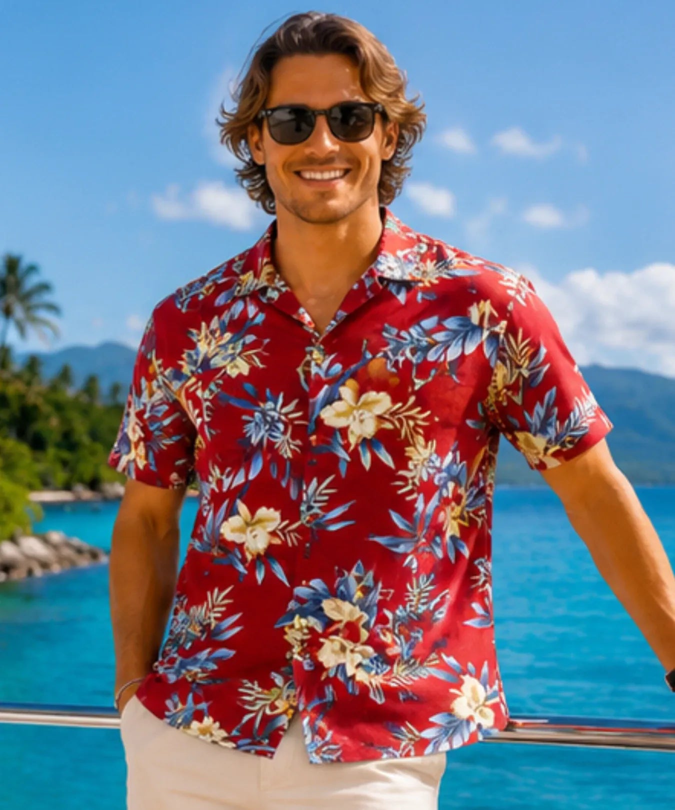 Keilani Island Rayon Men Aloha Shirt Red
