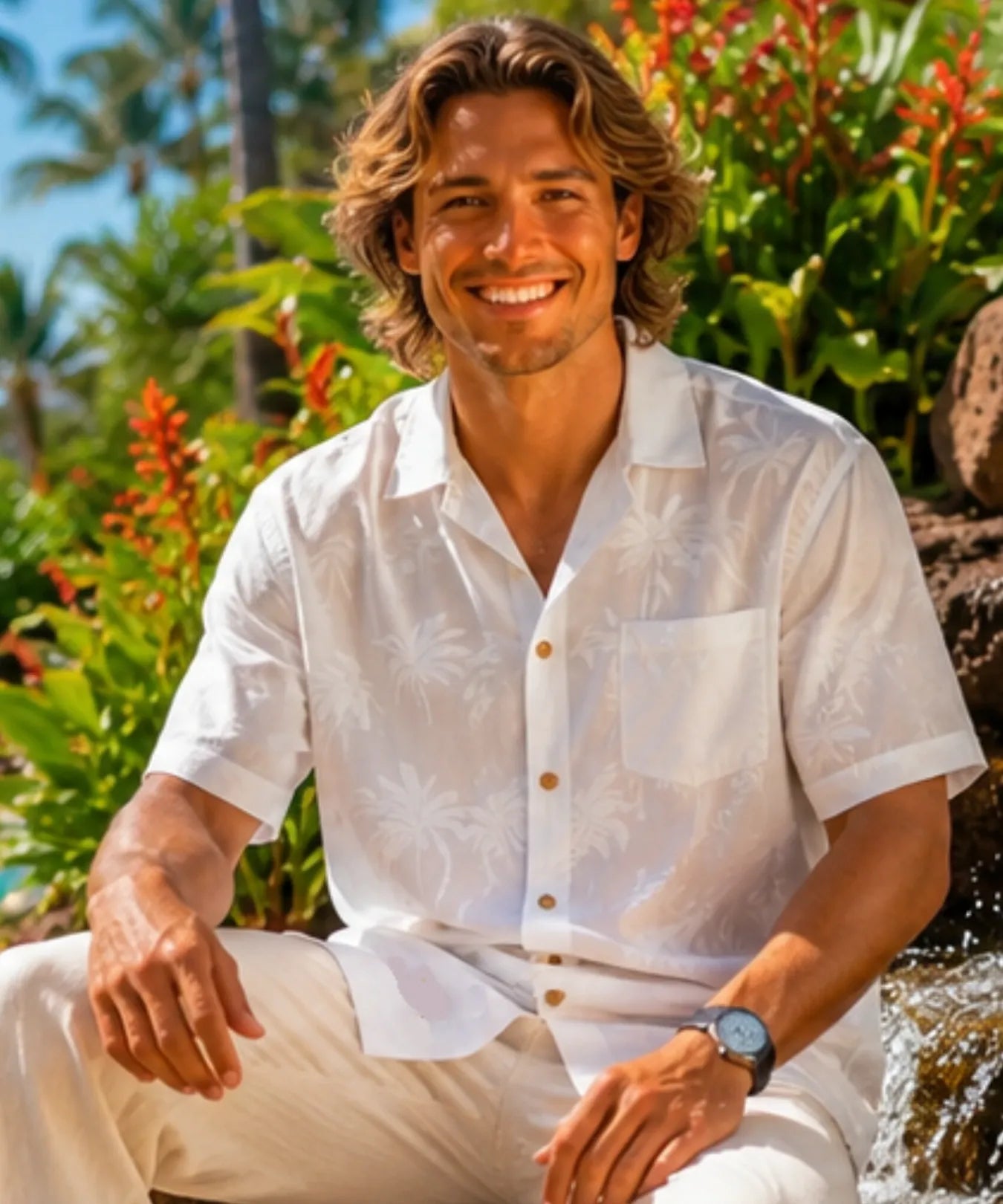 Palms Short Sleeves Rayon Men's Aloha Shirt White