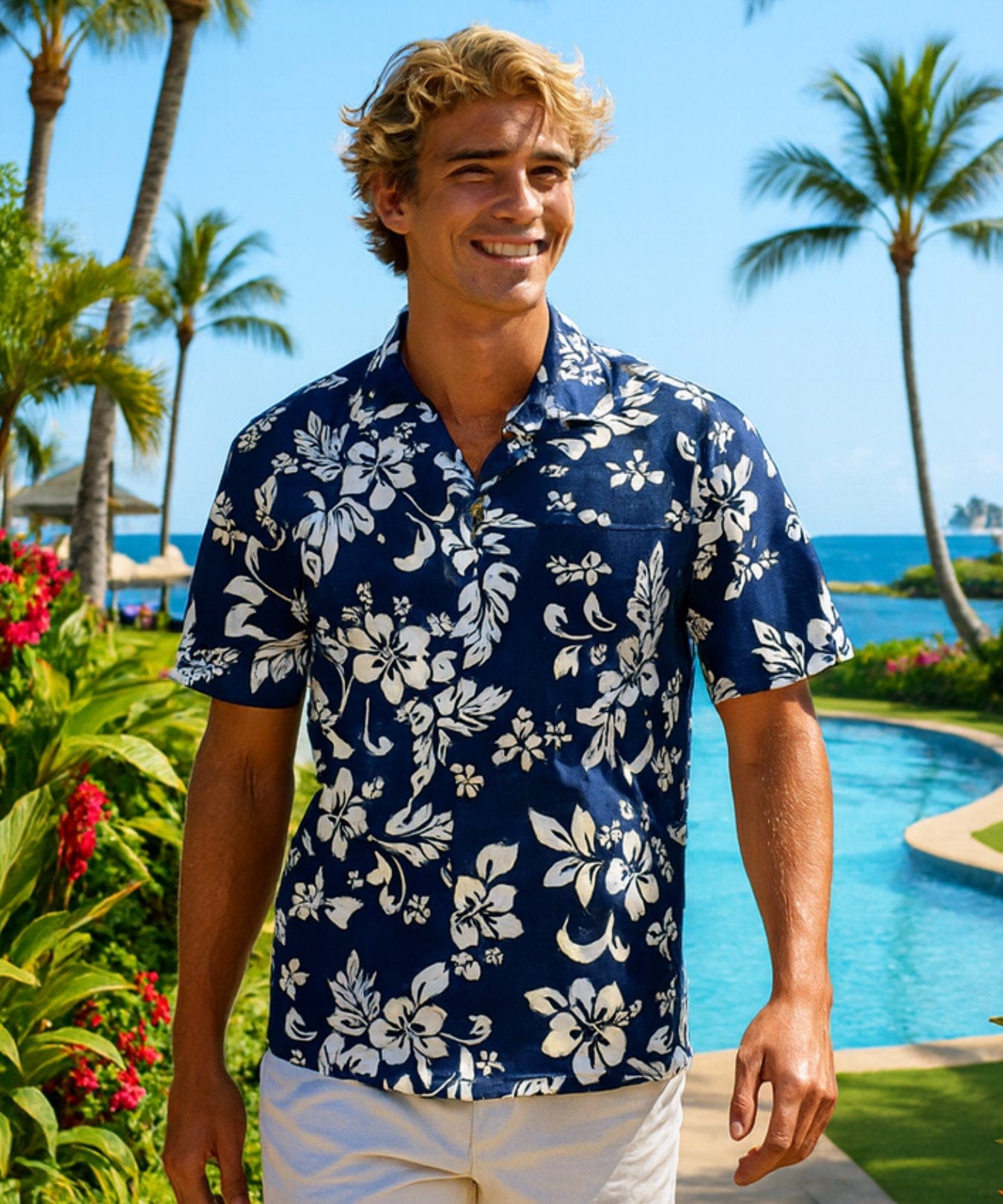 Island Hibiscus Men's Aloha Shirt Navy
