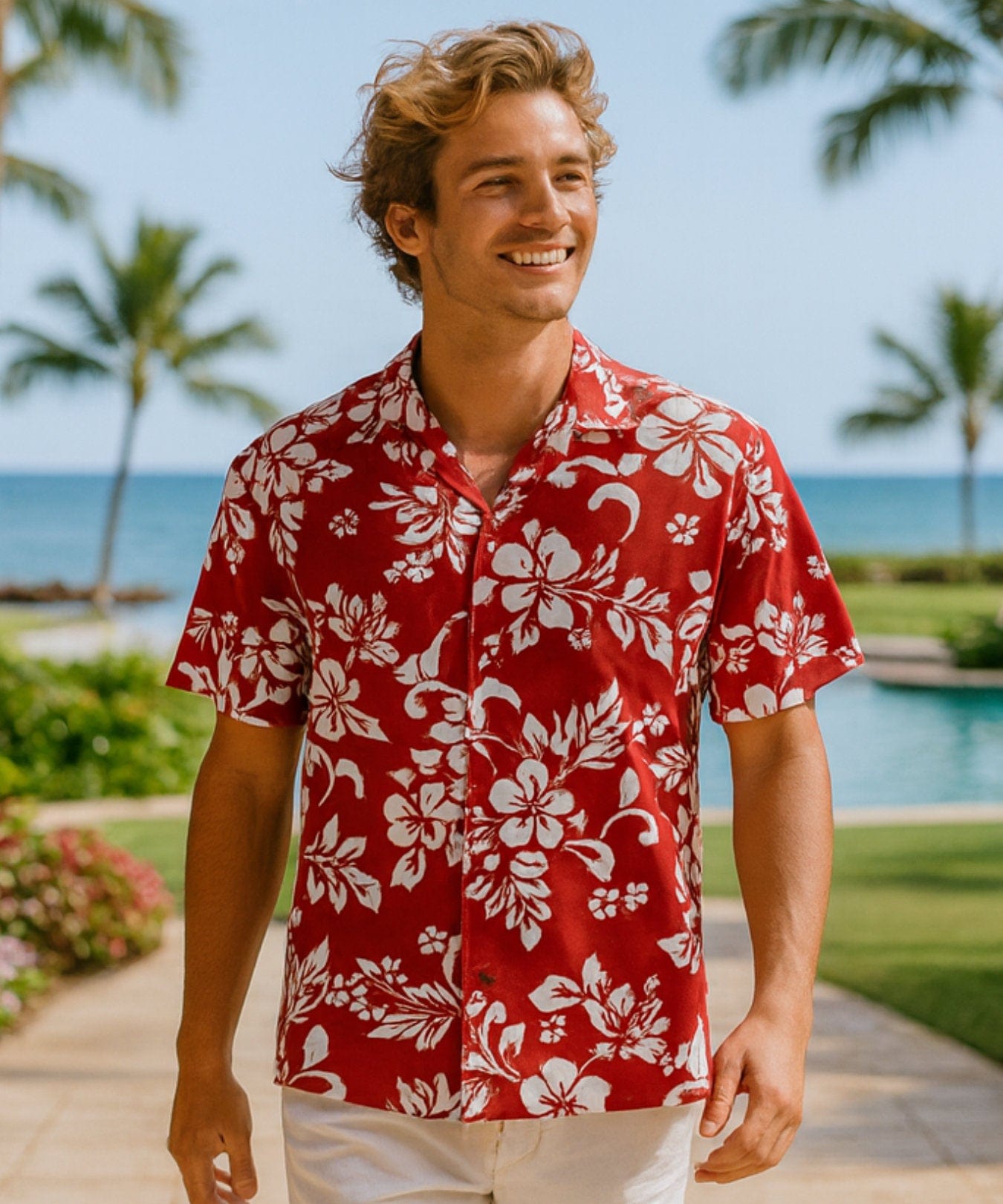Island Hibiscus Men's Aloha Shirt Red