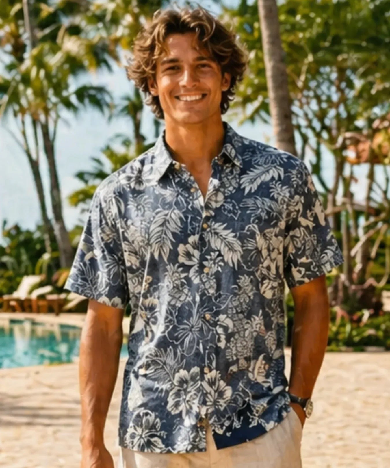 Pineapple Button Up Reverse Print Men's Aloha Shirt Navy