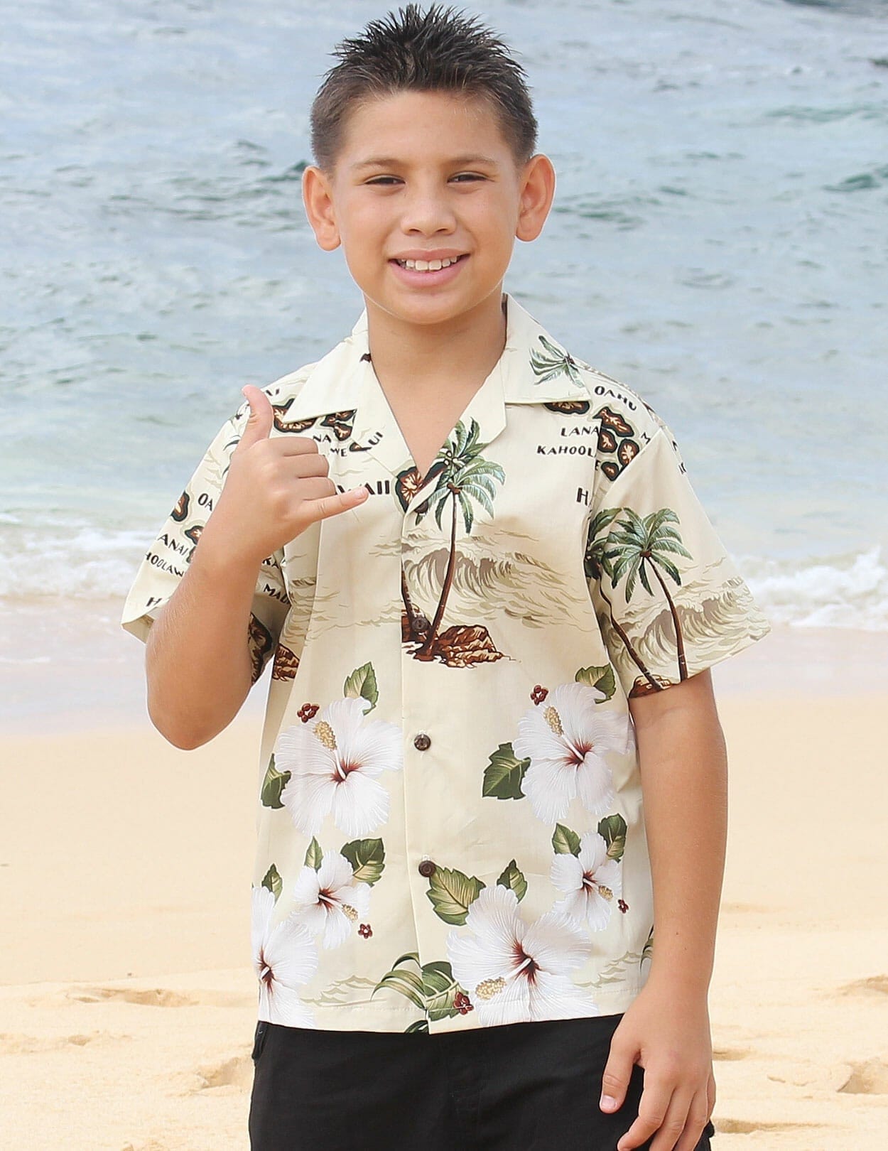 Mokupuni Cotton Boys Hawaiian Shirt Khaki