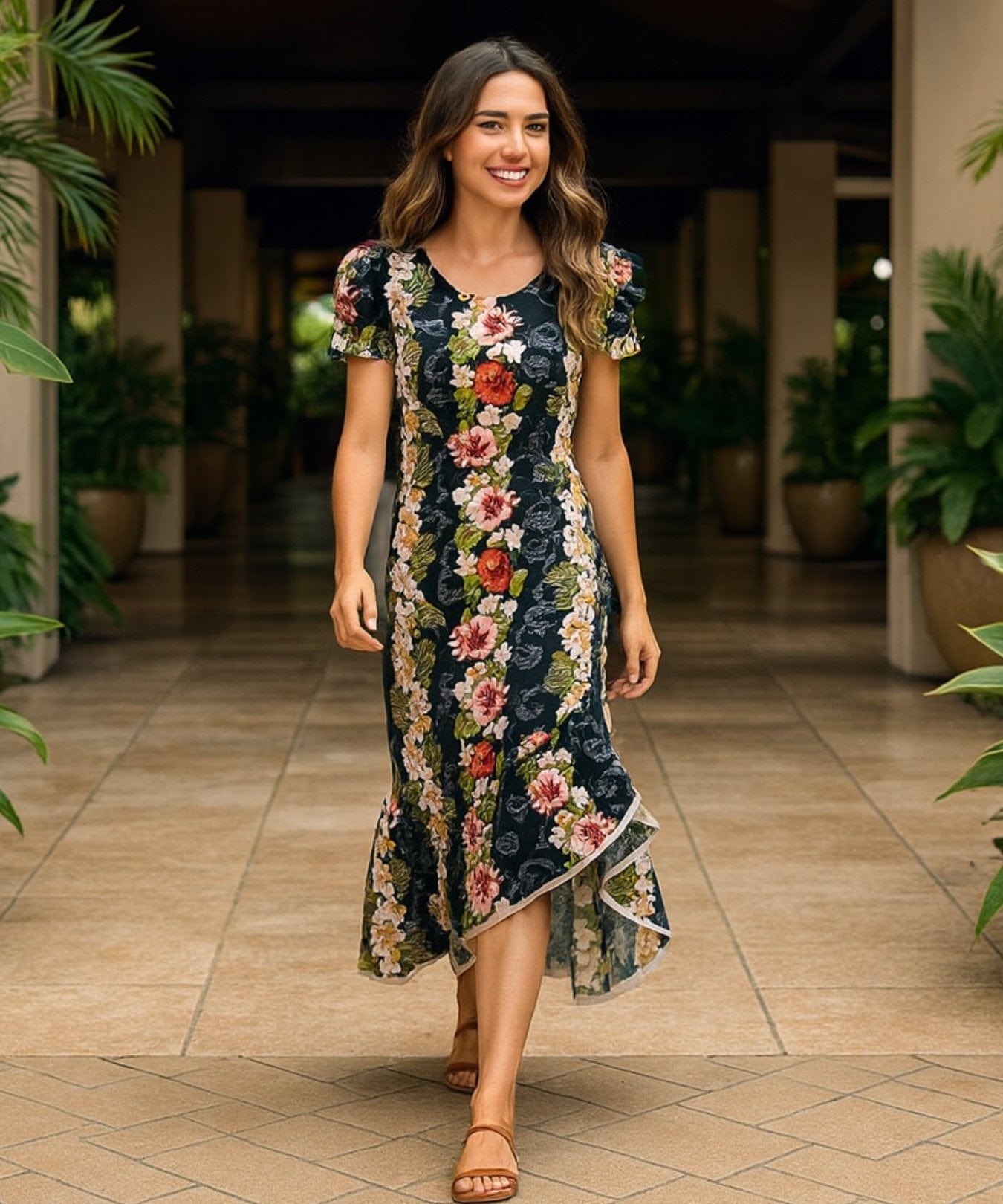 midi muumuu dress Knee Length Black Big Island Ruffle Muumuu Dress