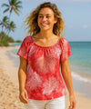 Off-Shoulder Hawaiian Peasant Blouse Island Reef Coral
