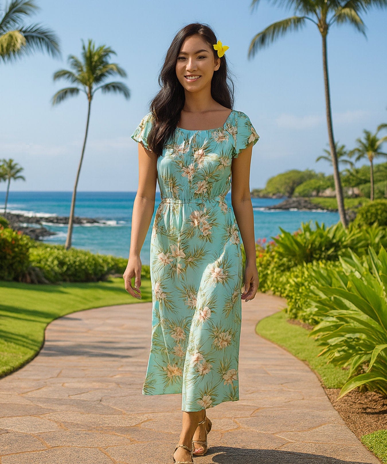 Wailua Orchids Off Shoulder Ankle Length Hawaiian Dress Aqua