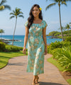 Wailua Orchids Off Shoulder Ankle Length Hawaiian Dress Aqua
