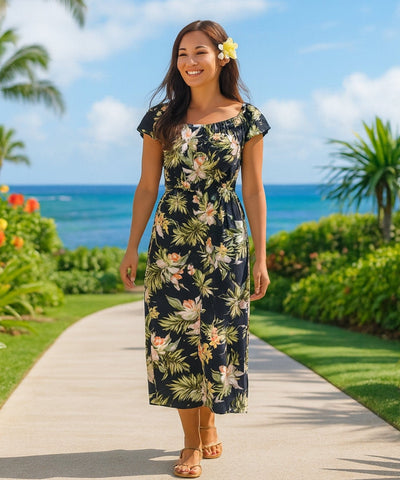 AloaloAloha　ハワイアンワンピース Wailua Orchids Off Shoulder Ankle Length Hawaiian Dress | Aloha