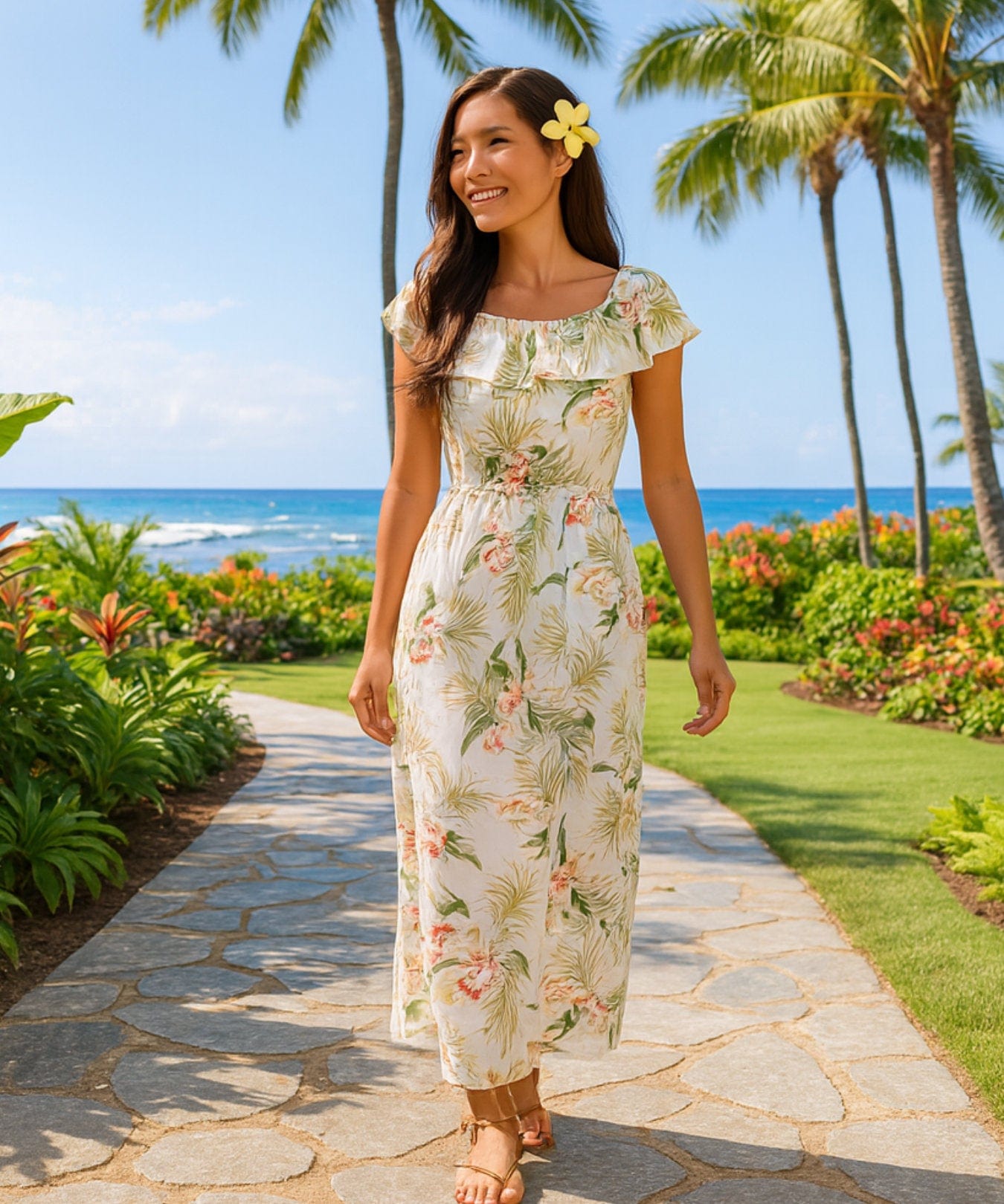 Wailua Orchids Off Shoulder Ankle Length Hawaiian Dress White