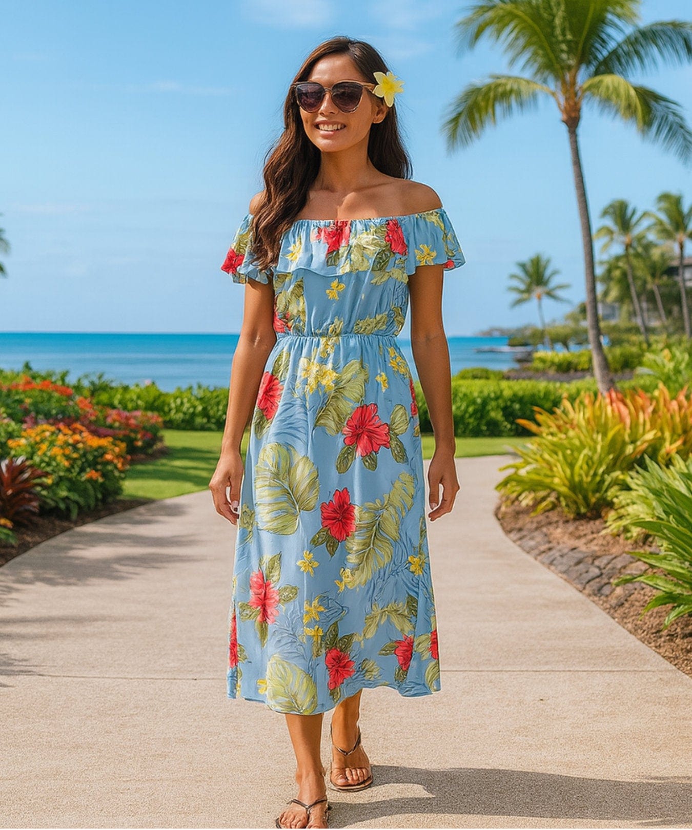 Waipio Off Shoulder Hibiscus Ankle Length Hawaiian Dress | Aloha Shirts Club