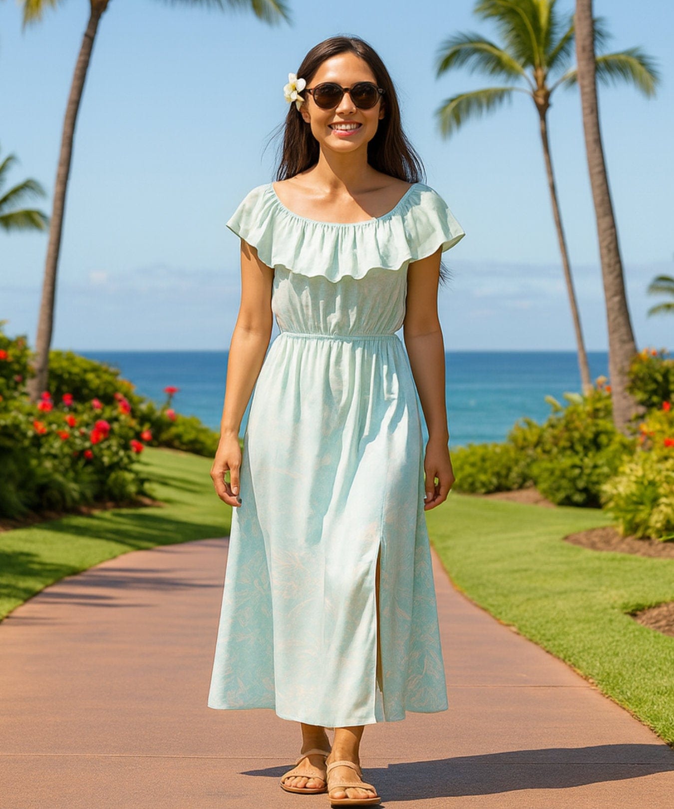Kohala Forest Off Shoulder Ankle Length Hawaiian Dress | Aloha