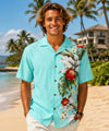 Orchids Side Panel Cotton Men's Aloha Shirt Aqua