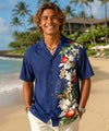 Orchids Side Panel Cotton Men's Aloha Shirt Navy