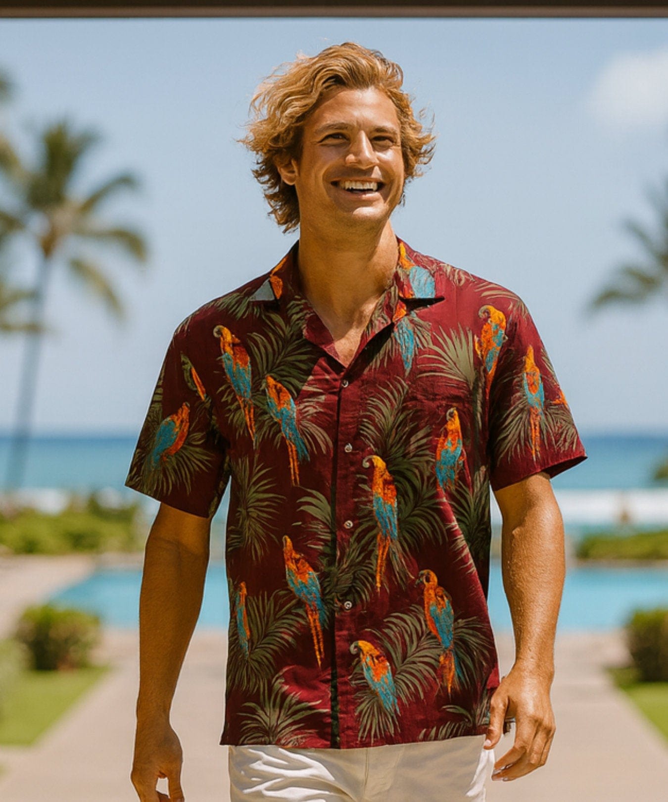 Parrots Cotton Men's Hawaiian Shirt Maroon